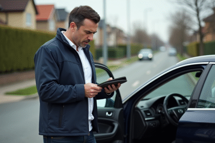 Homme inquiet avec portefeuille vide à côté de sa voiture
