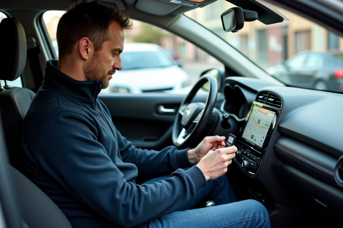 Homme insérant une carte mémoire dans le GPS de la voiture