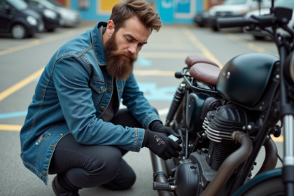 Homme barbu fixant un GPS sous sa moto noire en ville