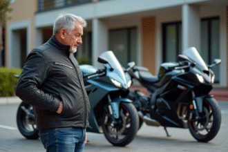 Homme d'âge moyen examine deux motos MagPower en extérieur