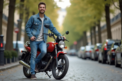Homme souriant avec moto Honda Dax à Paris