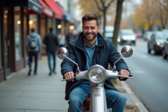 Homme souriant avec scooter en ville