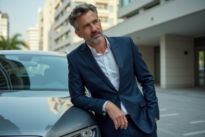 Homme en costume navy près d'une voiture urbaine moderne