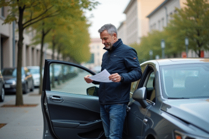 Homme vérifiant un certificat emissions voiture en ville