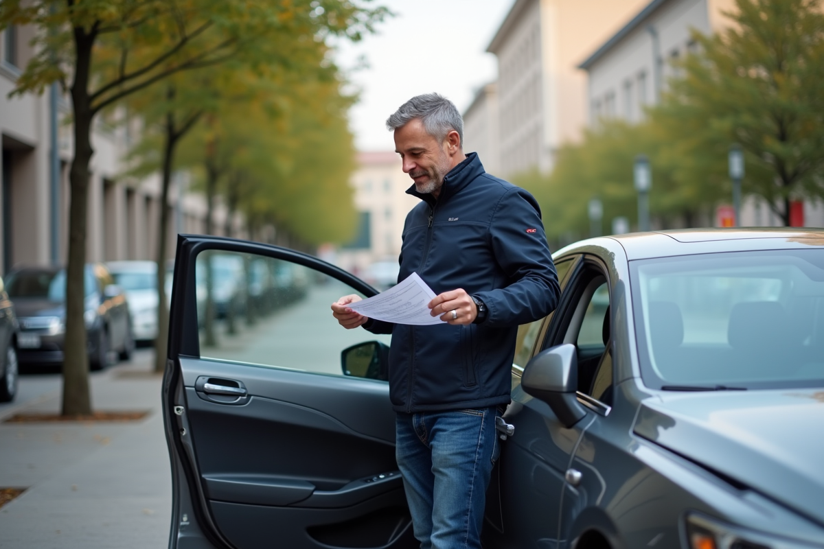 Homme vérifiant un certificat emissions voiture en ville
