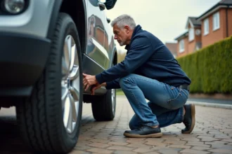 Homme vérifiant le dessous de sa voiture dans une allée