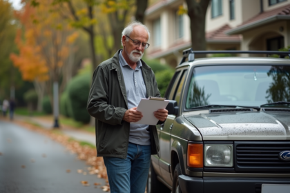 Homme vérifiant une voiture dans un quartier résidentiel