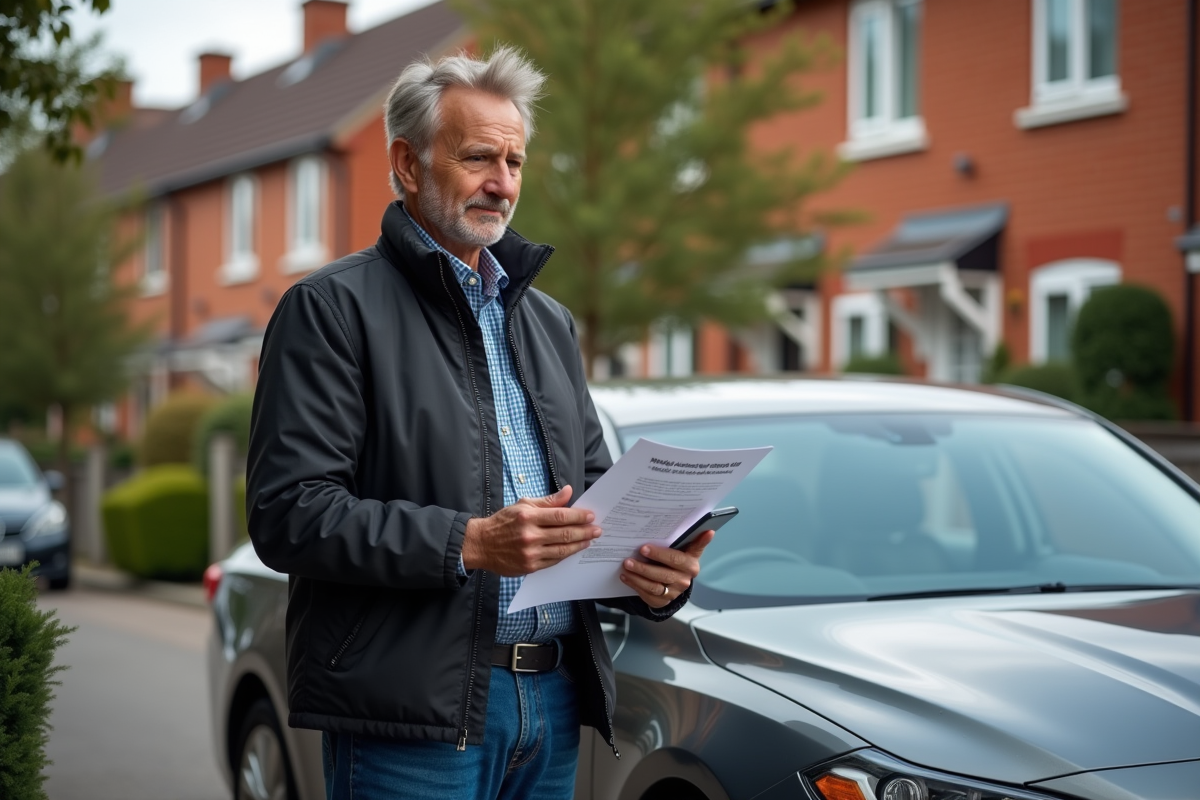 Homme avec document d'assurance et smartphone devant sa voiture