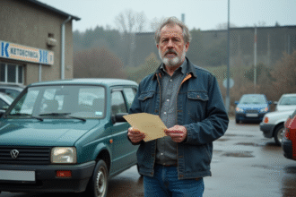 Homme anxieux avec sa voiture lors du contrôle technique