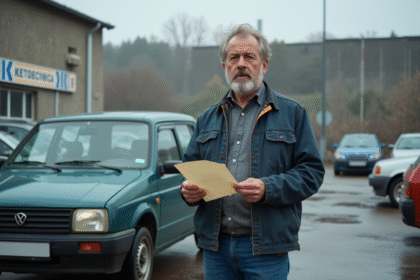 Homme anxieux avec sa voiture lors du contrôle technique