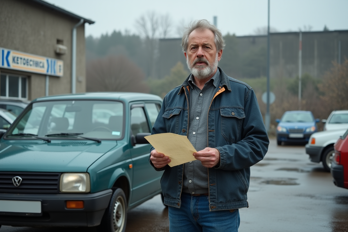 Homme anxieux avec sa voiture lors du contrôle technique