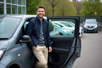 Homme souriant devant une voiture en concession automobile