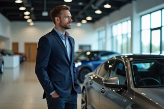 Homme élégant près d'une voiture dans un concessionnaire