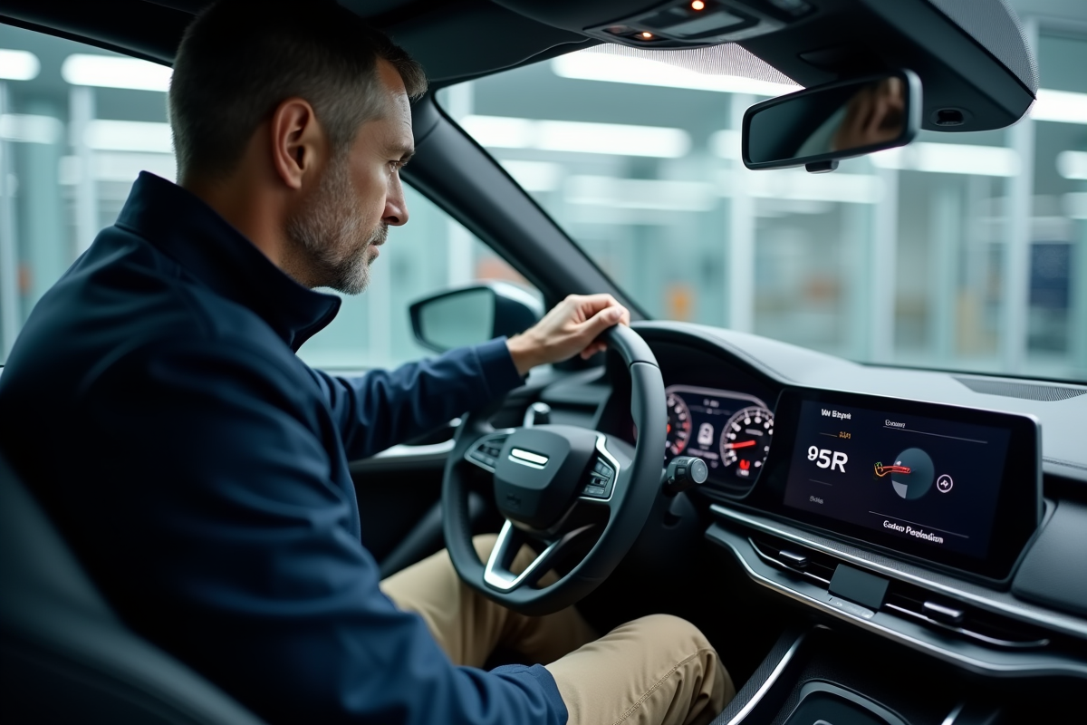 Ingénieur automobile examine l’indicateur SR dans un laboratoire moderne