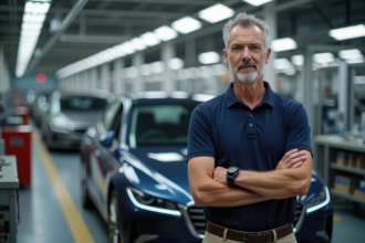 Ingénieur auto homme en polo navy près d'une voiture hybride