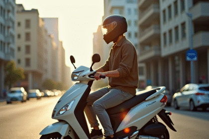 Jeune adulte avec casque sur scooter 125cc urbain