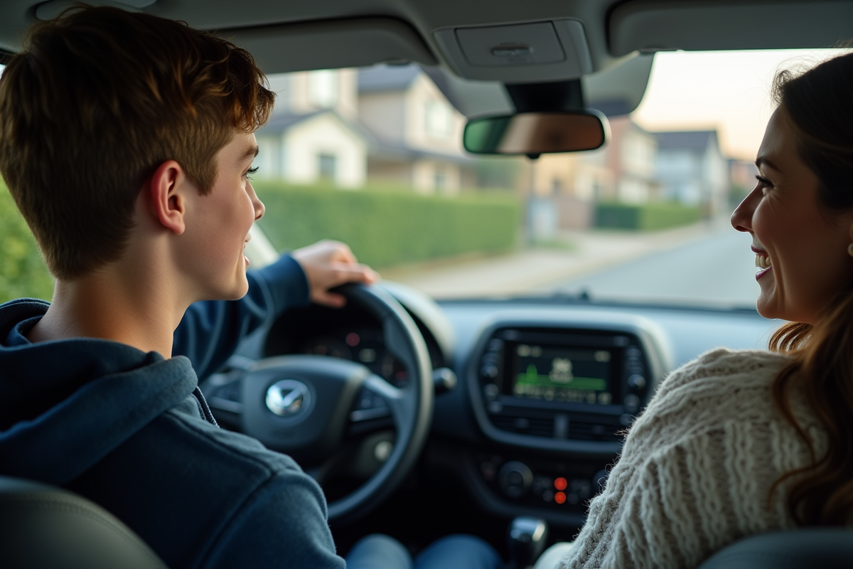 Jeune garçon conduisant une voiture avec sa mère à côté