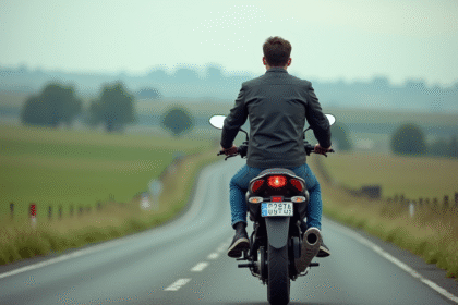 Jeune homme en moto sur route rurale avec paysage vert