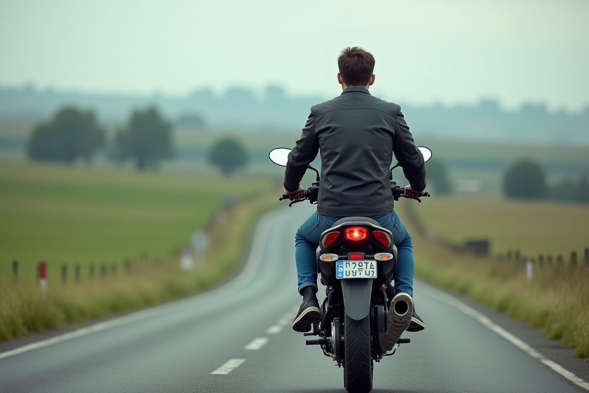 Jeune homme en moto sur route rurale avec paysage vert