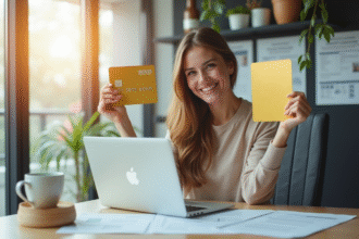 Jeune femme souriante dans un bureau moderne avec documents d'assurance