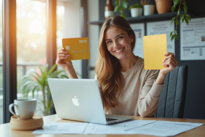 Jeune femme souriante dans un bureau moderne avec documents d'assurance