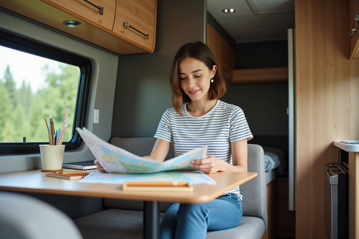 Jeune femme à l’intérieur d’un van en voyage