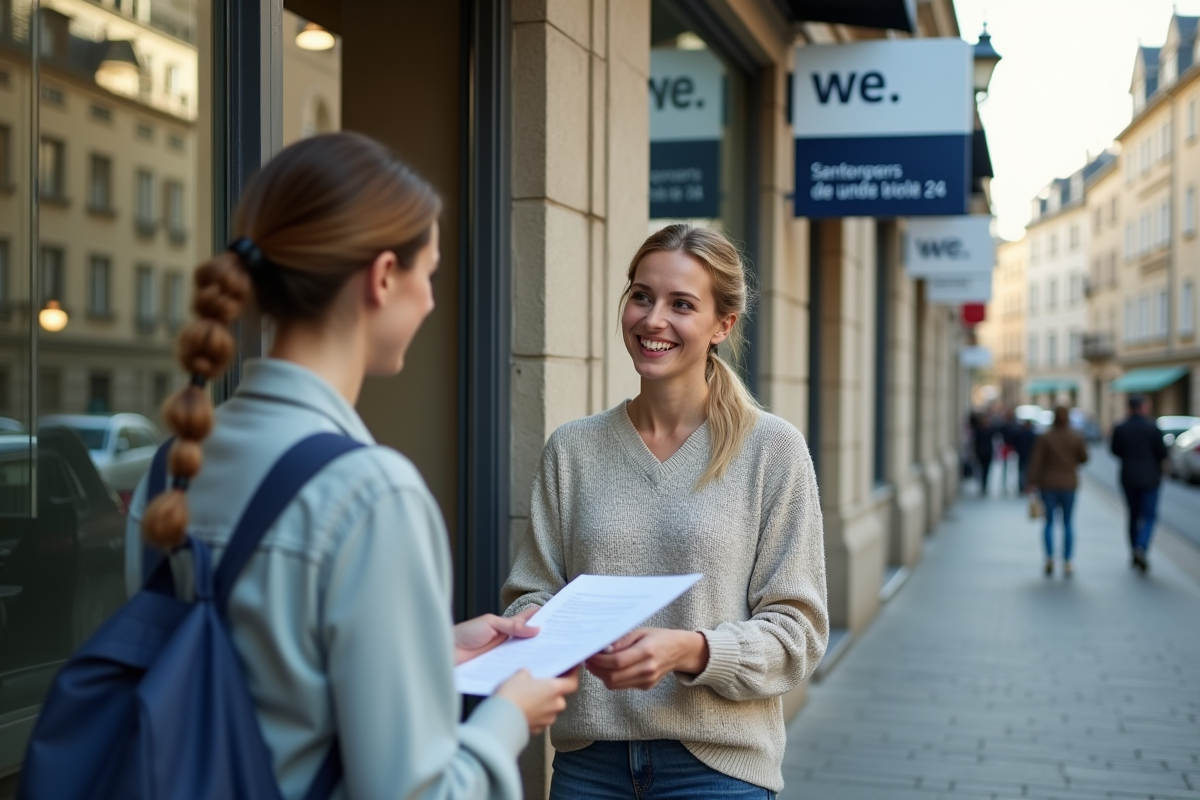 Jeune femme remettant des documents à un agent d