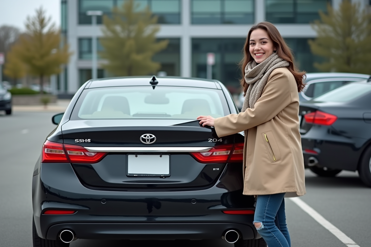 Jeune femme collant une vignette sur une voiture en ville