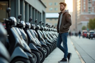 Jeune homme avec scooter neuf devant un concessionnaire
