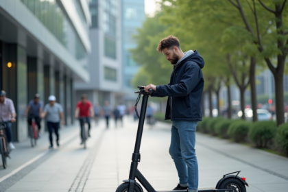 Jeune homme vérifiant son scooter électrique en ville