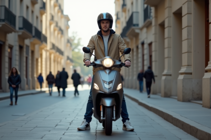 Jeune homme avec casque et veste en ville à côté d'un scooter