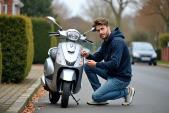 Jeune homme vérifiant la pression des pneus d'un scooter