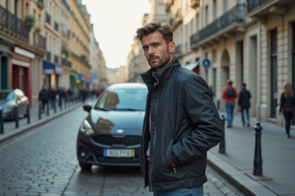Jeune homme à côté d'une voiture dans une rue parisienne
