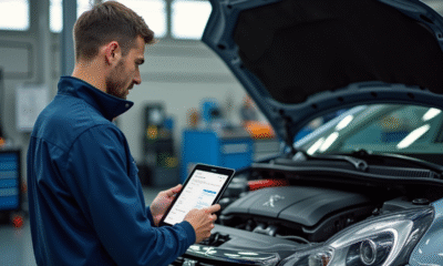 Mecanicien utilisant une tablette diagnostic à côté d'une Peugeot 1,6 HDi ouverte