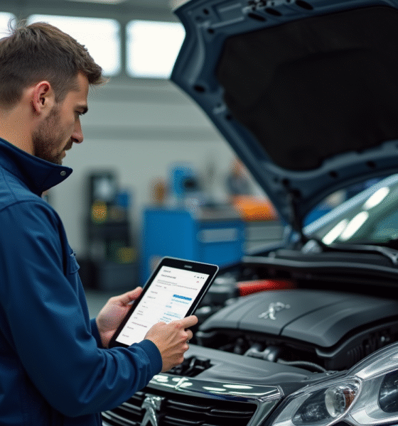 Mecanicien utilisant une tablette diagnostic à côté d'une Peugeot 1,6 HDi ouverte