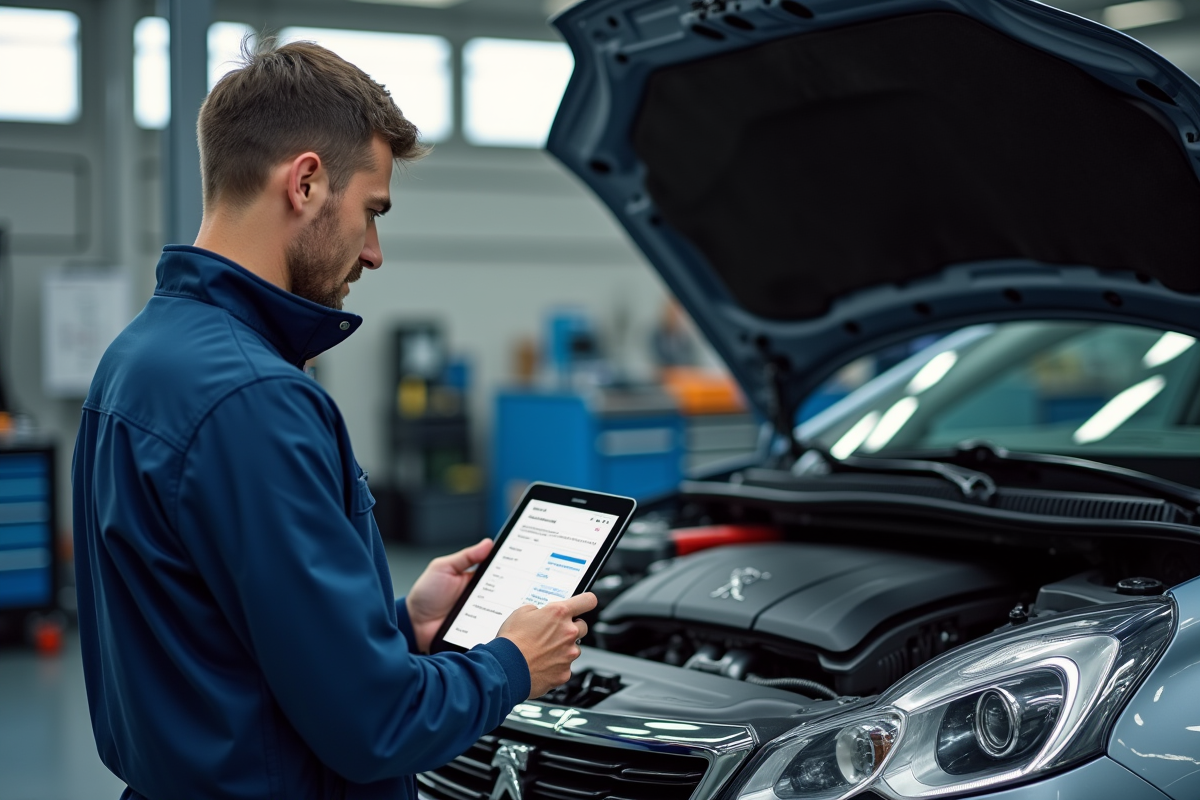 Mecanicien utilisant une tablette diagnostic à côté d'une Peugeot 1,6 HDi ouverte