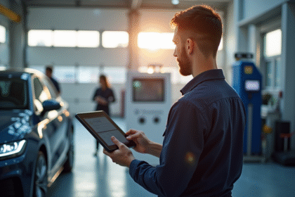 Mecanicien avec tablette diagnostic devant voiture moderne dans garage lumineux
