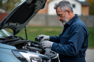 Mécanicien homme examinant le moteur d'une voiture moderne