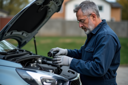 Mécanicien homme examinant le moteur d'une voiture moderne