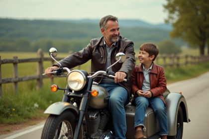 Homme en moto avec sidecar et garçon dans la nature