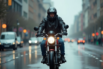 Homme en moto sous la pluie en ville avec reflet sur la chaussée