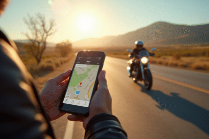 Motocycliste arrêté sur la route vérifiant Waze sur smartphone