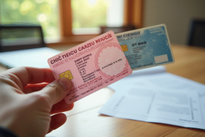 Permis de conduire ancien papier rose et carte moderne sur bureau