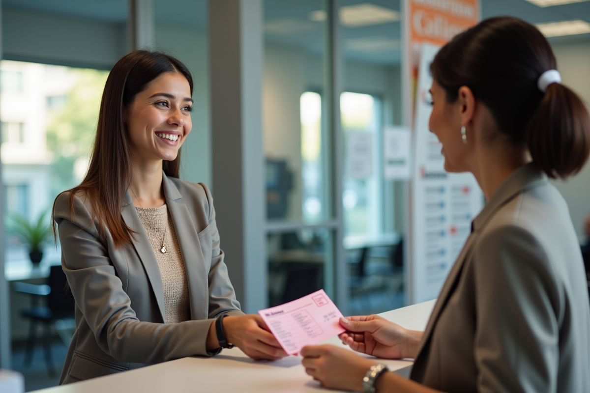 Personne souriante remettant permis papier à un agent administratif