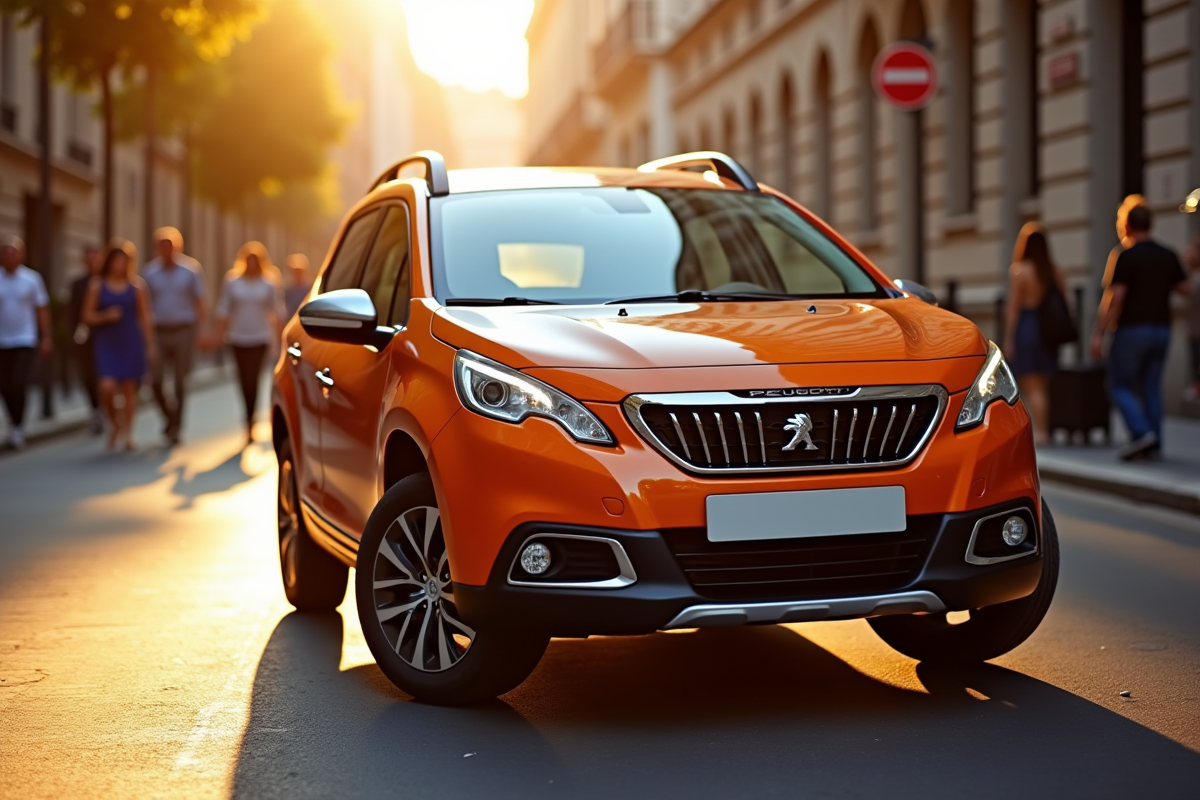 Peugeot 2008 orange dans une rue urbaine au coucher du soleil