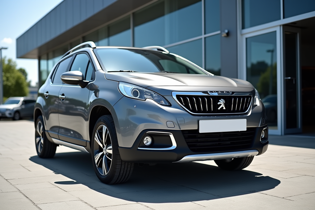 Peugeot 2008 gris métallique devant un concessionnaire