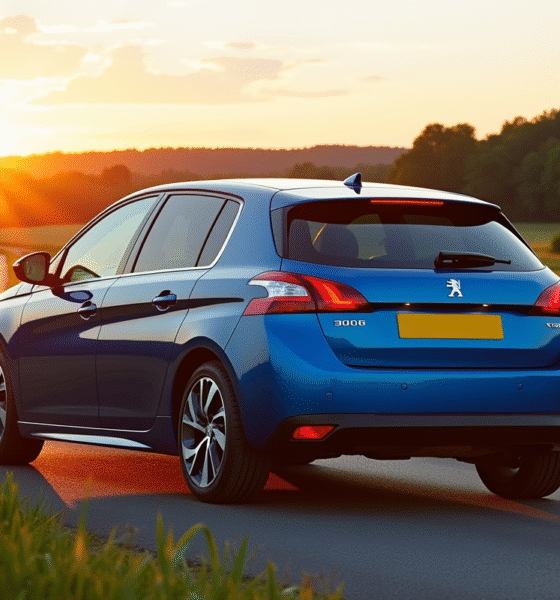 Peugeot 308 2015 sur route de campagne en golden hour