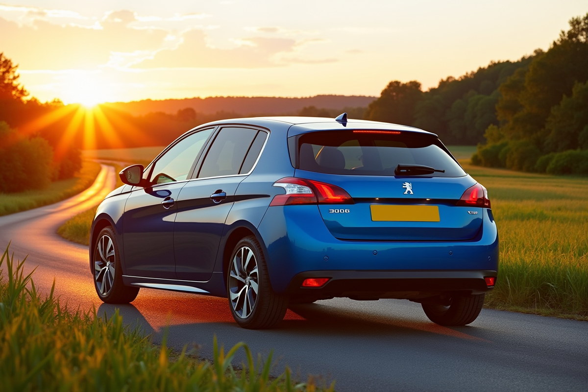Peugeot 308 2015 sur route de campagne en golden hour
