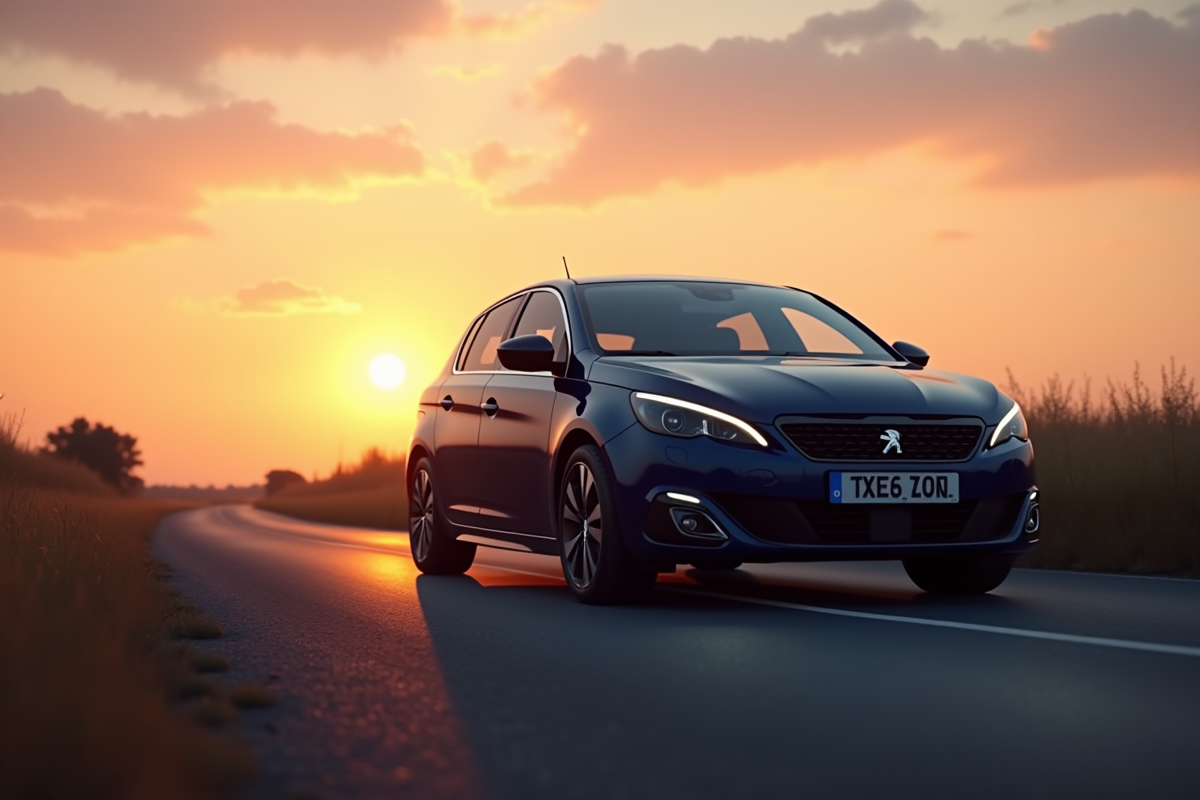 Peugeot 308 bleue foncée sur route de campagne au coucher du soleil