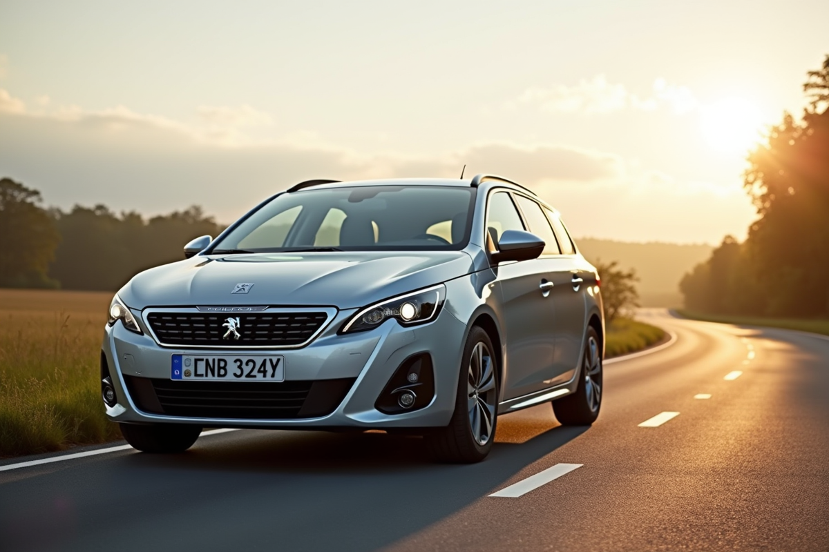 Voiture Peugeot 308 station wagon en campagne ensoleillee